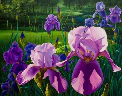 "Iris Glee Club" painting of vibrant purples of an iris flower bed