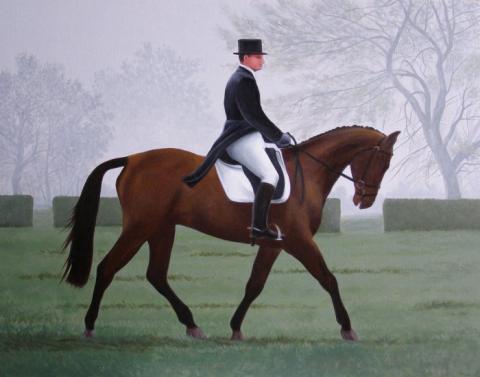 "Noble Movement" oil painting of a walking dressage horse with rider