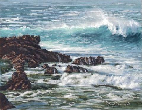 "North Shore Waves" painting of the waves on rocks
