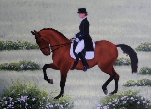 "Poetic Pride" oil painting of a walking dressage horse with rider