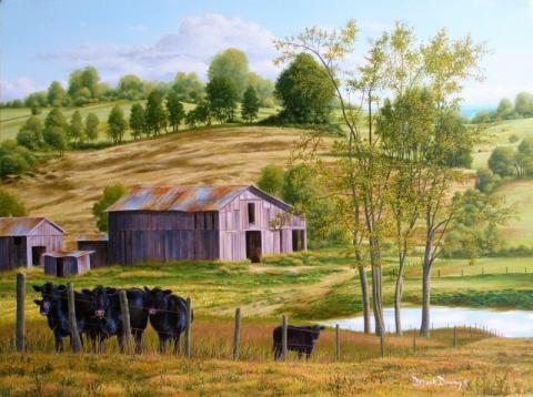 "Rural Kentucky" original oil painting of angus cows