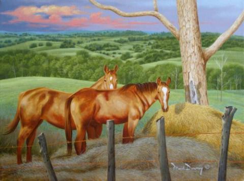 "Suppertime" painting of horses eating hay in the hills of Kentucky