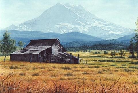 "Barn at Mt. Rainier" painting of a rustic barn