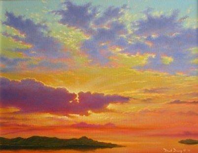"Spectacle" oil painting of a dramatic sunset over a peninsula