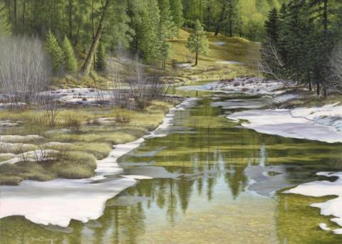 "Springtime Thaw" painting of a thawing mountain stream