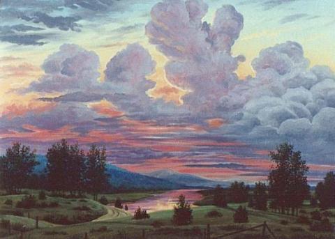 "Vivid Sunset" oil painting of a sunset reflected in a country lake