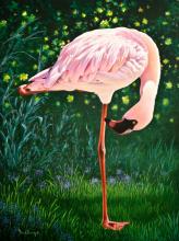 "Birds Eye View" oil painting of a pink flamingo