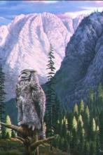 "A Great Morning" painting of a great horned owl with a mountain backdrop