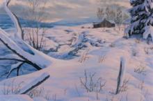 "Winter Path" winterscape painting of a cabin in the mountains
