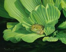 "Venus on the Half Shells" painting of a frog sitting on water foliage