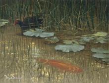 "Lily Pad Friends" painting of koi and duck on a pond