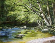 "Solitude" oil painting of a serene Appalachian mountain stream