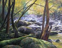 "Touch of Gold" painting of the fall woods/stream in Smoky Mountains