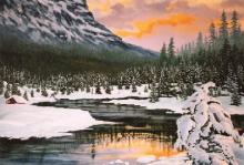 "Winter Dusk" winterscape painting of the sunset reflected on a mountain river