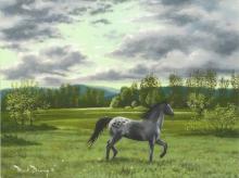"Appaloosa" painting of a horse walking in a lush green field