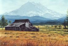 "Barn at Mt. Rainier" painting of a rustic barn